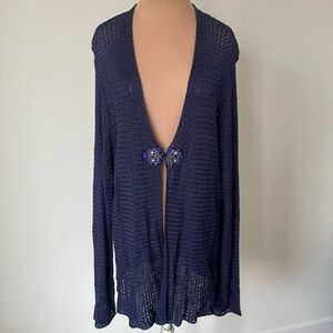 Marina Rinaldi Blue Viscose Open Weave Knit Marilena Beaded Closure Cardigan XL